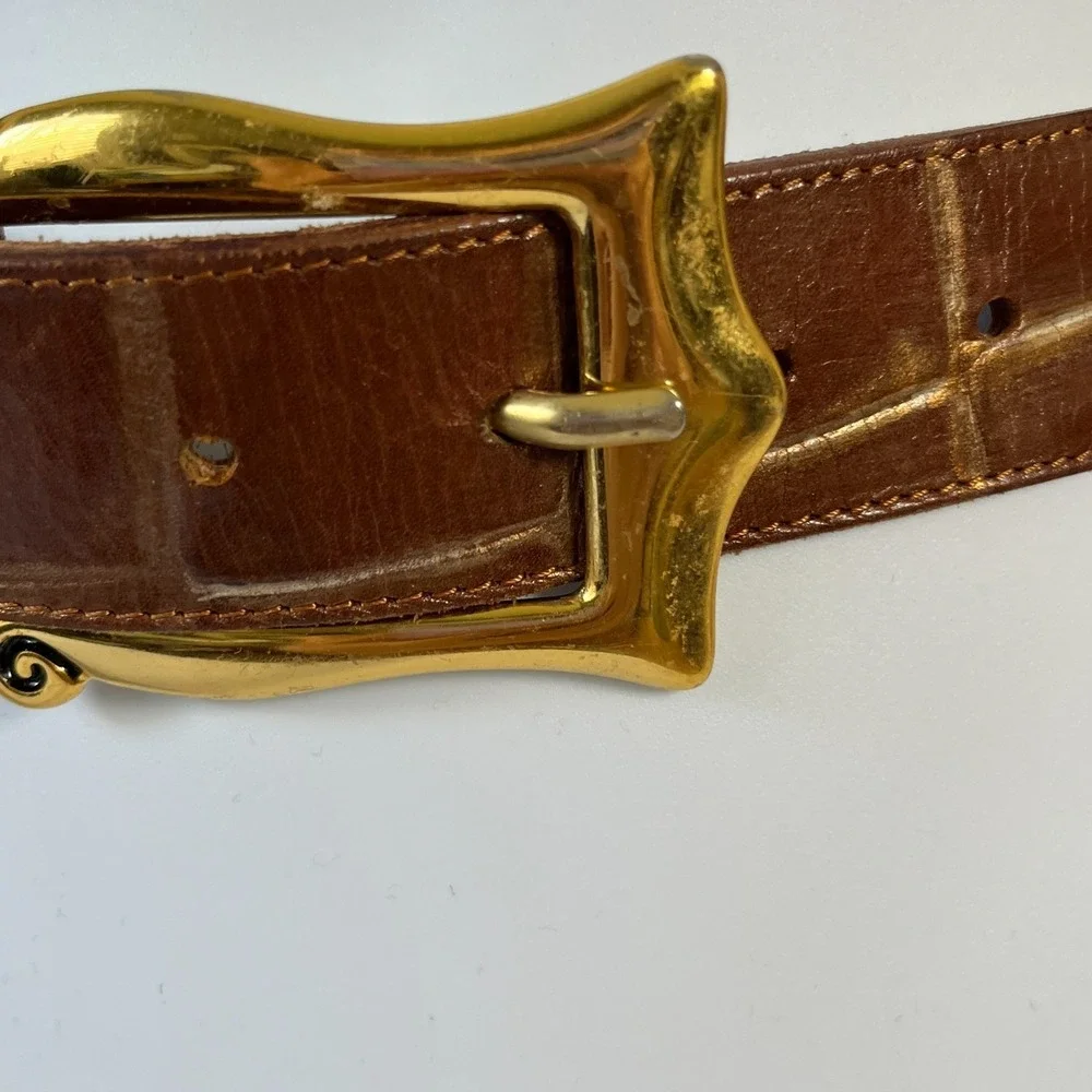 Vtg Linea Pelle Belt Croc Embossed Leather Brown/Gold Tone‎ Buckle Italy M Boho